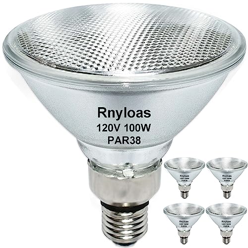 Rnyloas PAR38 Halogen Flood Light 100W 120V, 4 Pack Long Lifespan PAR38 Flood Light Dimmable, High Output 1800LM PAR38 Bulb with E26 Base, 2800k Warm White Halogen Par38 Light Bulb Outdoor Indoor