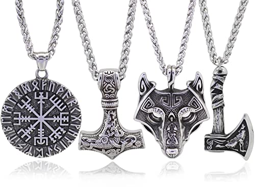 GuoShuang Viking Mens Necklaces Silver Jewelry Pendant Necklace Stainless Steel Vintage Jewelry Set of Axe Necklace Wolf Necklace Mjolnir Necklace & Compass Necklace Viking Gifts For Men 24 Inches