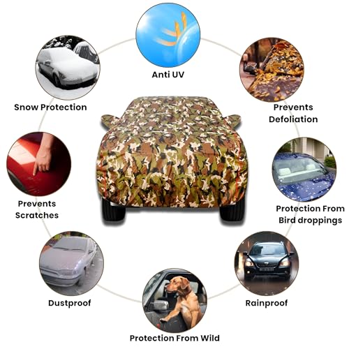 Image of Waterproof Car Body Cover for Range Rover Evoque with Mirror Pocket, Soft Cotton Lining, Triple Stitched, Full Bottom Elastic (Heat Resistant Jungle Print with Red Piping)