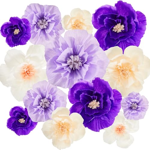 Image of Cholemy 24 Pcs Tissue Paper Flowers, Crepe Paper Flowers Decorations 8 inch 10 inch 12 inch for Wedding Party Baby Bridal Shower Carnival Party Birthday Nursery Wall Decor (Purple,Light Purple,White,Beige)