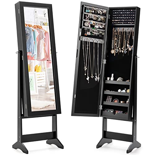 RELAX4LIFE Armoire à Bijoux sur Pieds avec Miroir Pleine Longueur HD 4 Angles Réglables, Armoire à Bijoux avec Grand Espace de Rangement pour Chambre, Vestiaire, Salle de Bain (Noir)