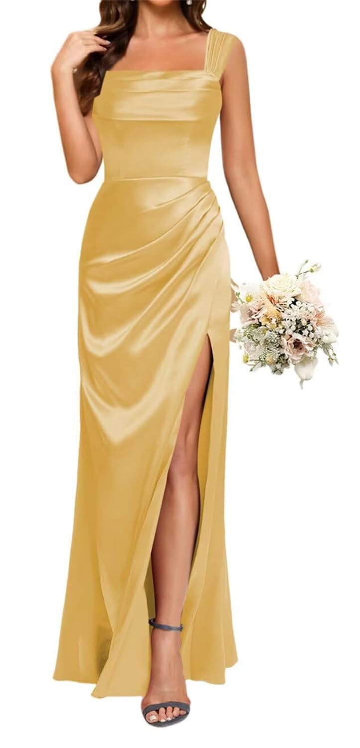 Kurface Women's Gold Satin Prom Dresses For Teens Sleeveless A Line Ball Gown Corset Evening Formal Dress With Slit Uk18