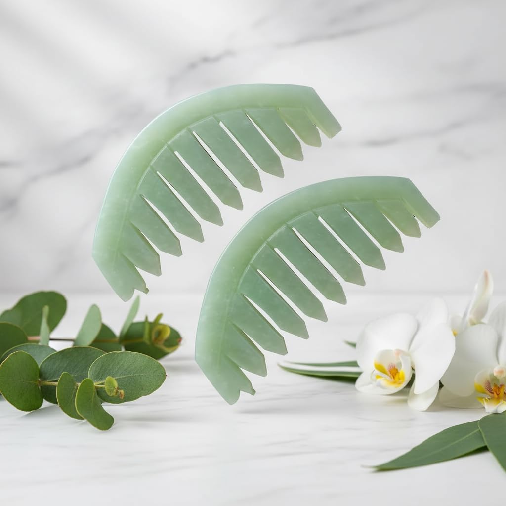 2Pcs Nature Jade Stone Massage Comb,Traditional Natural Jade Massager Acupuncture Head Therapy Trigger Point Treatment On Head Gua Sha Board Manual Scalp Massagers Massage Tools