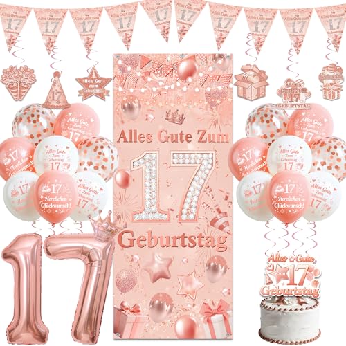Tasoraor Deko 17 Geburtstag Mädchen Roségold - Alles Gute zum 17 Geburtstag Hintergrund Banner Wimpel Girlande XXL Zahlen Luftballon Spiralen Hängedeko Tortendeko für 17 Jahre Geburtstagsdeko Party