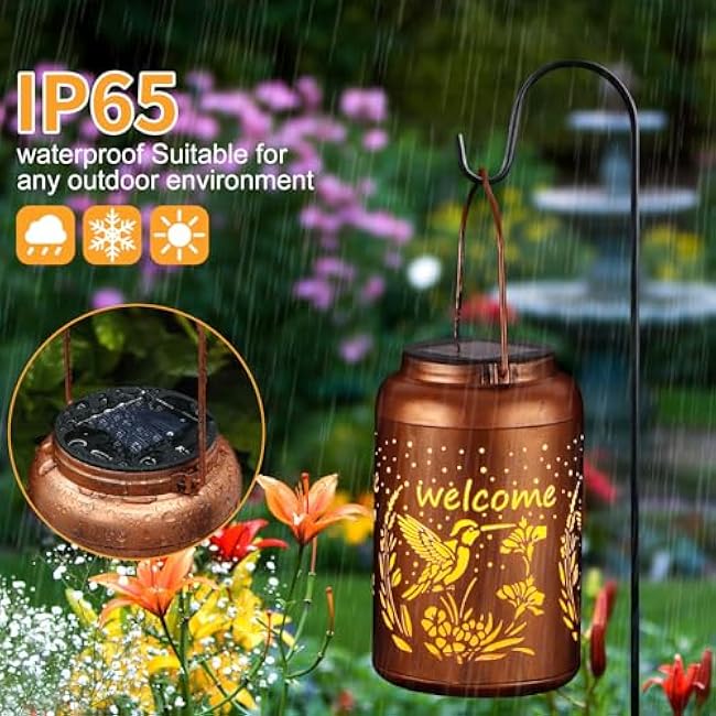 Solar Lantern Outdoor Hanging Waterproof Outside Metal Openwork Hummingbird Pattern Birthday Gifts for Women Mom Landscape Lights for Porch Garden Yard Patio Pathway Decor£¨Hummingbird£©