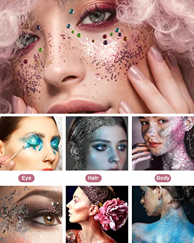 Creamify Face Body Glitter Gel - 3 Colors Pink And Silver Chunky Glitter Gel & Blue Fine Glitter Gel With Gems Sticker, Rave Accessories Hair Glitter Body Shimmer, Less Gel & Quick Dry, 65G #TOP6