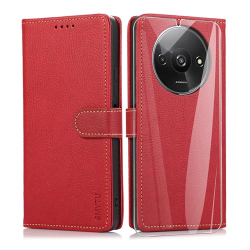 SMYTU Cover a Libro per Xiaomi Redmi A3 4G (6,71') + Vetro Temperato,Custodia Xiaomi Redmi A3 4G,Custodia Flip in Pelle Magnetica Portafoglio - Rosso