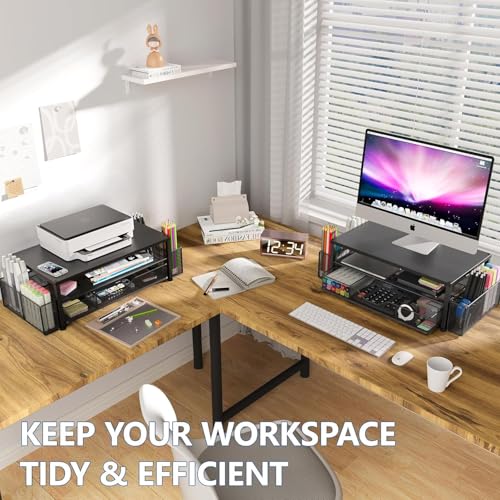 Image of OPNICE Desk Organizer and Accessories, 2-Tier Computer Monitor Stand Riser with Drawer and 2 Pen Holders, Laptop Stand, Office Desk Accessories for Office Supplies, 2 Pack, Black