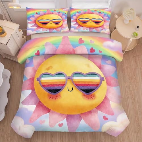kxry Cute Smile Sun Printed Comforter Set, Cartoon Rainbow Twin