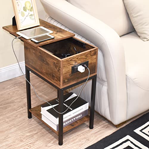 Szlhanjz Nightstand With Charging Station, Narrow End Table With Storage Drawer, Wood & Metal Narrow Nightstand 2 Tier, Small Sofa Bed Side Table For Living Room Bedroom Dorm, Dark Brown #TOP7
