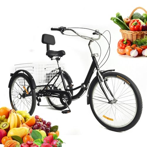 Triciclo Plegable de 24 Pulgadas para Adultos, 7 velocidades, 3 Ruedas, de Carga, Crucero, con Dos cestas de Compra y Respaldo cómodo, Altura Ajustable, Ideal para Deportes al Aire Libre, Ci