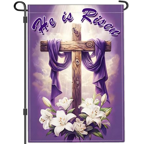 NASIAN He is Risen Garden Flag Christian Religious Easter Cross Garden Flags for Outside 12x18 Double Sided Spring Easter Yard Sign Decorations for Home Outdoor House Holiday Decor Banner