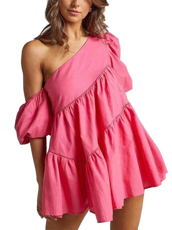 Image of UOOZEE Women's Summer One Shoulder Mini Dress Puff Short Sleeve A Line Flowy Cocktail Party Club Short Dresses