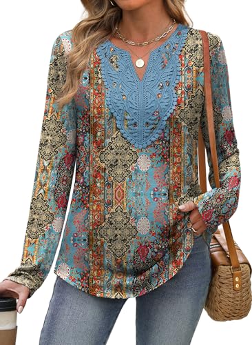 Image of XIEERDUO Boho Tops for Women Blouses Dressy Casual V Neck Long Sleeve Shirts Fall Outfits Trendy Vacation Clothes