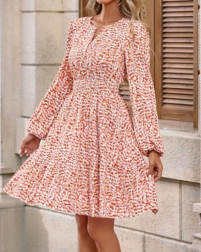 BTFBM Fall Dresses for Women 2025 V Neck Long Sleeve Elastic Waist Boho Beach Vacation Clothes Floral Mini Summer Dress4