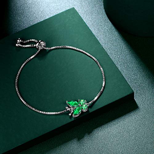 Hipunk Butterfly Green Bracelets Birthstone Women 925 Sterling Silver May-Emerald Birth Stone Animal Butterflies Adjust Link Bracelet Crystal Birthday Jewelry Sb0001G #TOP2