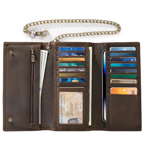 Mens Chain Wallet, Biker Trucker Wallets with Long Strong Chains, Genuine Leather Trifold Billfold, Snap, Brown2