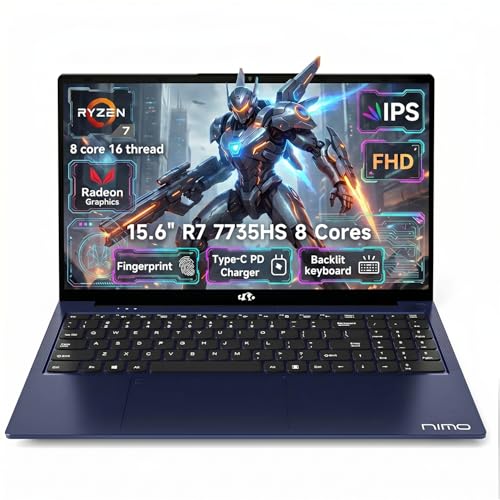 Image of NIMO Gaming Laptop, AMD Ryzen 7 7735HS 8 Cores, 15.6 inch, 16GB DDR5 256GB SSD, Windows 11, FHD IPS 180 View, Fingerprint, Backlit Keyboard, 100W Fast Charging, WiFi 6E Computer, for Business & Student