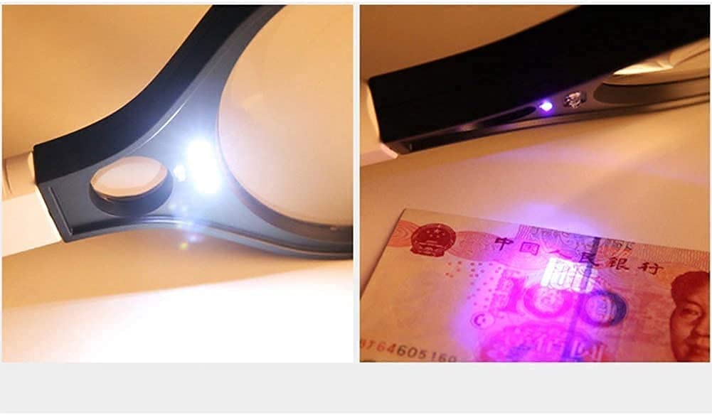 Lupa De Mano De 15 Cm con Luz Led Púrpura, Lupa Grande Negra De 2 Aumentos, Lupa De Lectura HD Portátil.