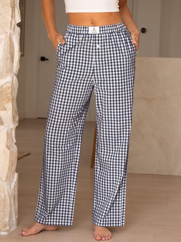 Image of ANRABESS Womens Gingham Striped Boxer Pants | 2026 Fall Outfits,Wide Leg Elastic Waist with Pockets,Casual Lounge Pajama Bottoms,Lightweight Breathable,Fashion Clothing
