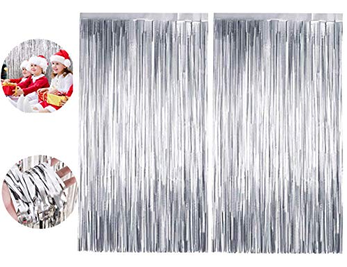 2 Pack 1m x 2m 3.3 x 6.6ft Tinsel Curtains Foil Curtains Sparkle Fringe Shimmer Curtains Hanging Decor for Birthday, Christmas, Wedding, Party, Halloween, Thanksgiving (Silver)