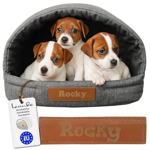Leanbe Personalisierte Hundehütte/Hundehöhle – Kuscheliges Hundebett mit Namensgravur – Katzenhöhle & Schlafplatz für kleine und große Hunde Hundehaus (Graphit, R1:41x33x28cm)