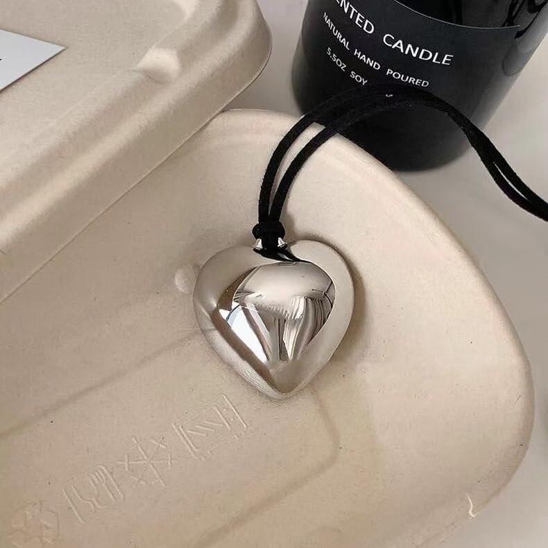 Chunky Silver Heart Pendant Necklace with Black Cord – Bold Statement Jewelry for Women - Image 3