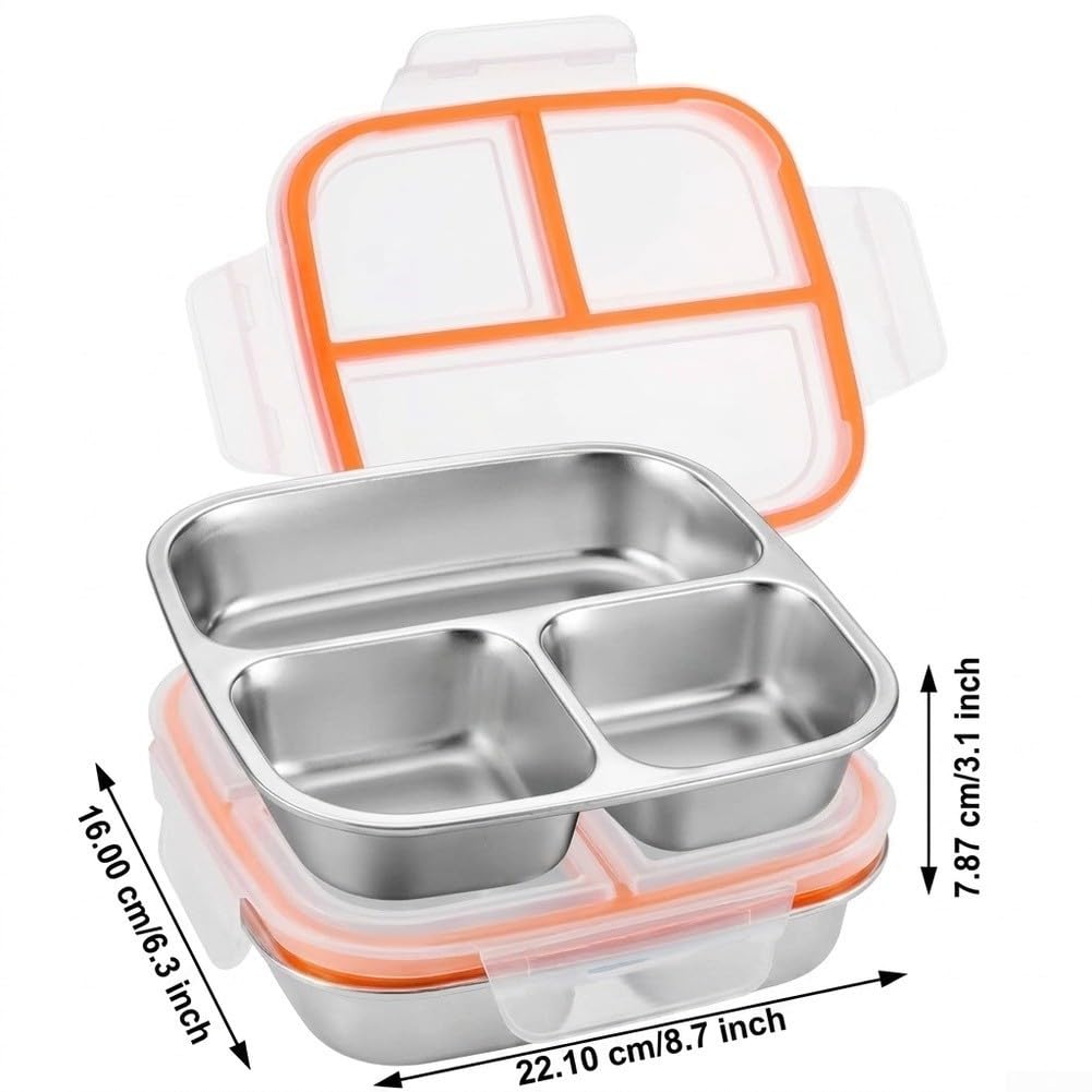 Contenitore per snack a 3 scomparti, in acciaio inox, per scuola, ufficio