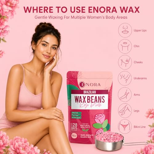 Image of ENORA Brazilian Stripless Wax Beans for Women (400g) | With Wooden Spatula | Natural | For Face, Chin, Hairline, Bikini Area & Full Body Hair Removal (400 Gram, Rose Pink)