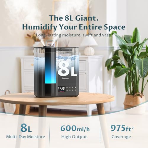 Image of BREEZOME 8L Humidifiers for Bedroom, Warm & Cool Mist for Large Room Home, Top Fill Ultrasonic Humidifier, Humidity Sensor, Essential Oil, 60H Runtime, Quiet for Baby, Plants, Fast Relief