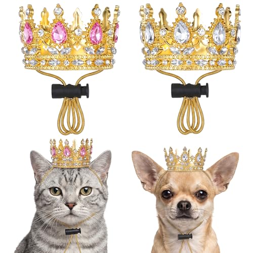 2 Pcs Dog Crown Rhinestone King Queen Crowns for Pet Costume Dog & Cat Birthday Tiara with Adjustable Strap Pet Birthday Tiara for Party Wedding Celebration Photos Prop