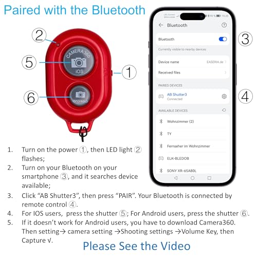 EASERIA Bluetooth Fernbedienung, tragbarer Kamera Auslöser, kabelloser Selfie Auslöser, kompatibel mit Handy iPhone, Samsung, Tablets and Android