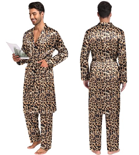Image of SWOMOG Mens 3 PCS Satin Robe with Pants & Shorts Set Kimono Bathrobe Long Sleeve Sleepwear Pjs Sets with Pockets