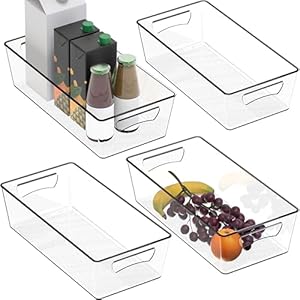 SimpleHouseware Clear Storage Plastic Bin Organizer for Kitchen, 14″ x 7″ x 3.75″, L Size, Set of 4