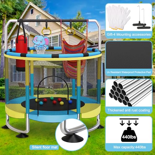 Image of Yozoia 60 inch Toddler Trampoline, Indoor Trampoline for Kids with Safety Enclosure, 440LBS Support, Adjustable Gymnastics Bar & Toys for Boys Girls
