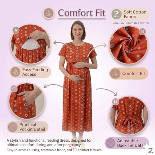 Image of Zero Clothing Feeding Dress for New Moms Casual Loungewear Ankle Length | Cotton Maternity Nighty | Zipless Feeding Dresses for Women | Pregnancy & Nursing Wear