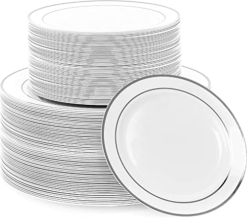 Reloger 60 Piece Plastic Party Plates White Silver Rim, 30 Heavy Duty Dinner Plates And 30 Disposable Dessert Fancy Wedding Plates,Disposable Dinner Plates(30-Pack) #TOP4