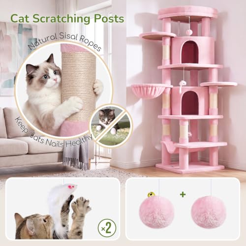 Image of Globlazer 66in Pink Corner Cat Tree Tower for Indoor Large Cats, C66, Pink | Space-Saving Stable Cute Cat Tower with 6 Scratching Posts, 2 Large Fan-shaped Condos & Top Perch, Hammock, Climbing Steps