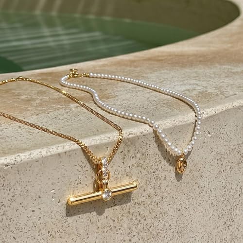 Image of Jeulia Layered Necklaces for Women Trendy Retro T Bar Pendant Pearl Necklaces Stack Trendy Pendant Necklaces Dainty Chain Choker Necklaces for Jewelry Birthday Gifts