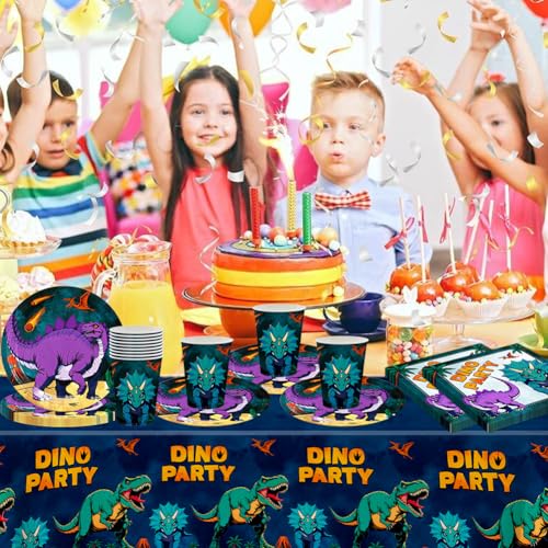 Dinosaurier Tableware Party Set, Comic Dinosaurier Thema Geschirr, Kindergeburtstag Geschirr Kit, Including Plates, Cups, Napkins, Tablecloth, Party Supplies (41PCS, 10 Guests)