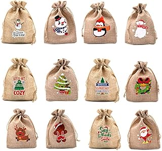 12 Pieces Christmas Jute Burlap Drawstring Gift Bags,13x18cm Christmas Small Hessian Gift Bags- Party Burlap Bag Candy Pouch Snack Sack for kids Xmas Party Favors