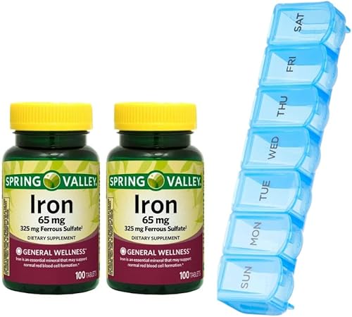 Spring Valley - Tabletas de hierro de tamaño individual, 65 mg, 200 unidades en total, paquete de 2 por Spring Valley + pastillero semanal AMPM