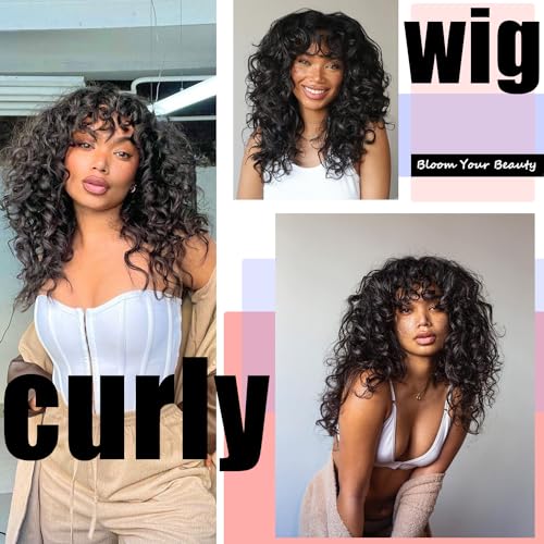 GKtineke-Curly-Wig Big-Curly-Wigs-for-White-Black-Women 20 Inch- Long-Curly-Afro-Wig-with-Bangs Synthetic-Hair-Replacement-Wigs-for- Cosplay and Daily (Natural Black)