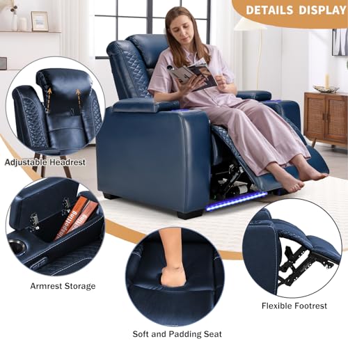 Image of ANJ Power Home Theater Seating Recliner chairs, PU Leather Recliner with Cup Holder, Electric Movie Theater Reclining Chairs with Adjustable Powered Headrest, Blue LED, Hidden Arm Storage (Black-Blue)