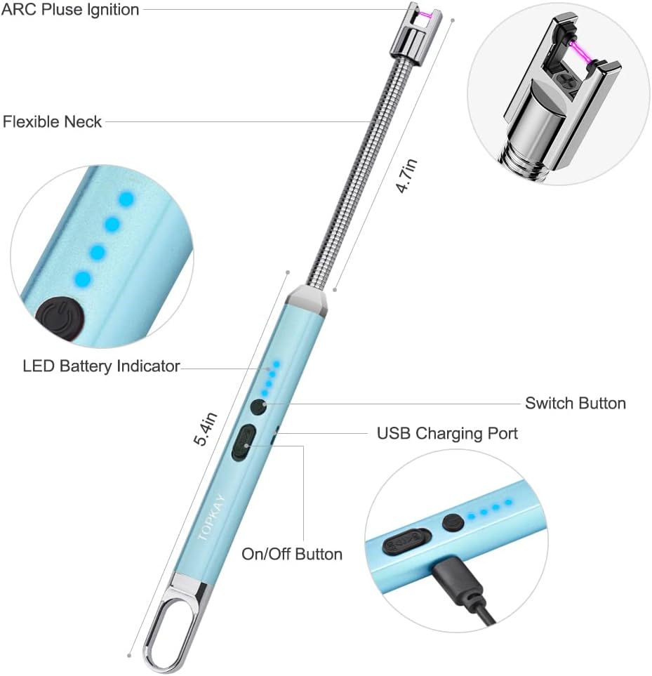 Lighter, Candle Lighter, Electric Lighter, Windproof USB Rechargeable Electronic Plasma Arc Lighter with Safety Lock, LED Battery Indicator, Long Flexible Lighter for BBQ, Grill, Fireworks (Blue)