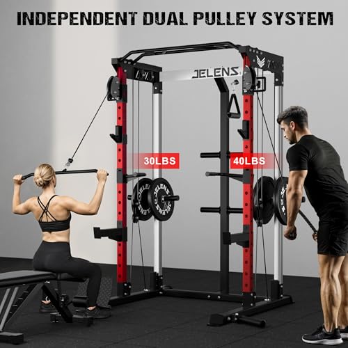 JELENS Power Cage, 2000LBS Multi-Function C21 Power Rack with Dual Pulley Cable Crossover System, All-in-One (Red, C21 Power Cage)