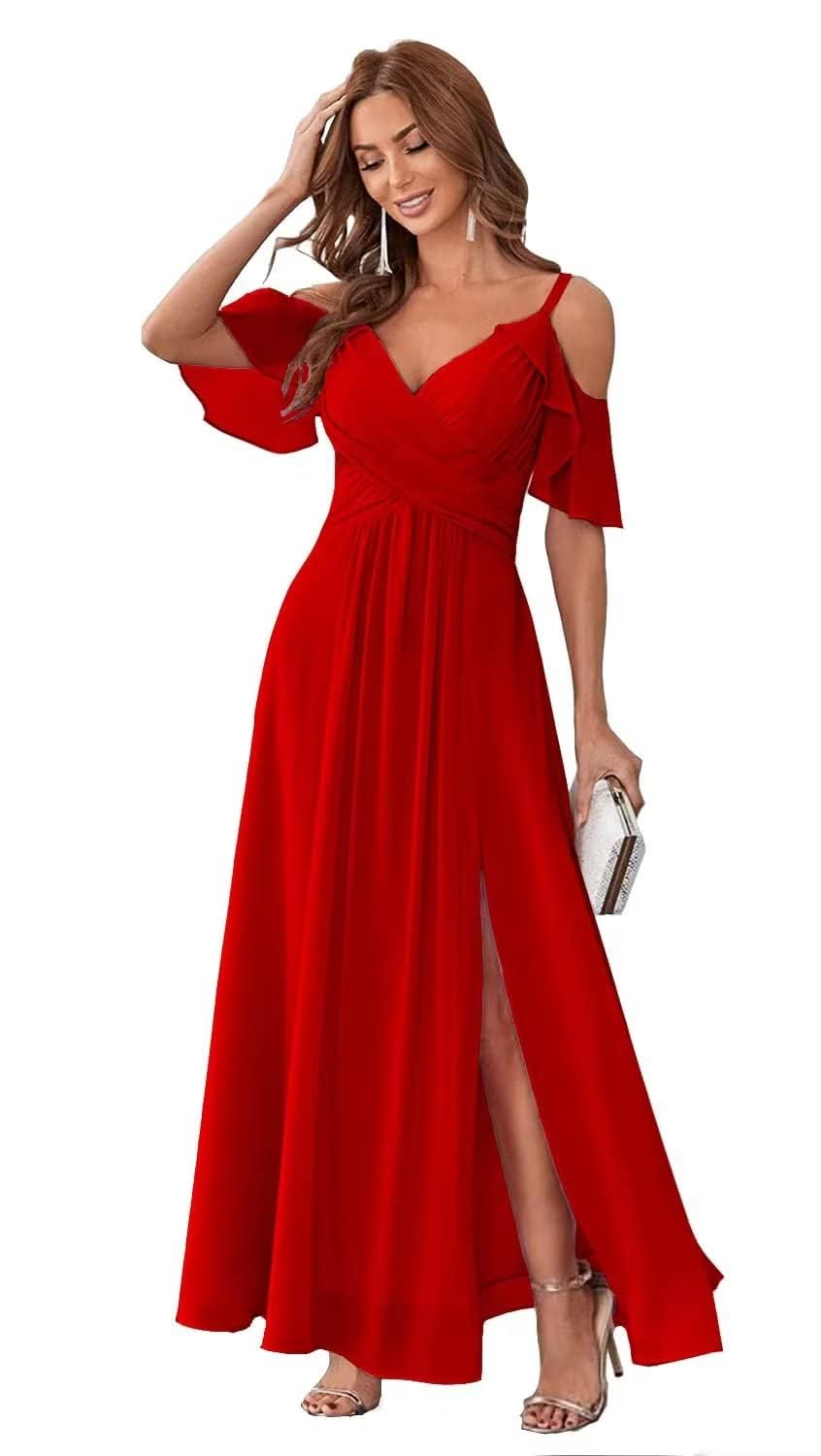 HUINI Chiffon Brautjungfernkleid Lang Kalte-Schulter Elegant Abendkleid A-Linie Ballkleid für Damen