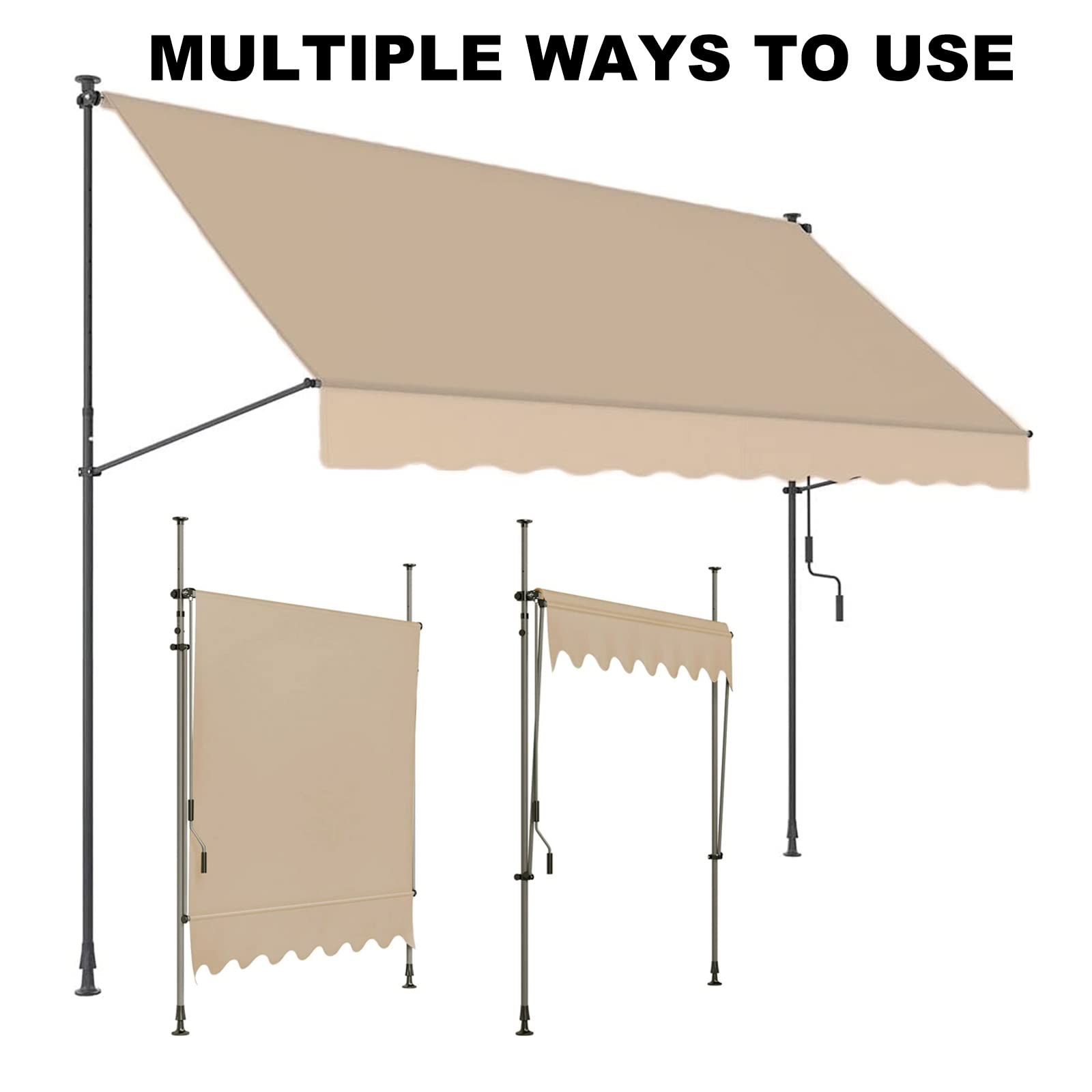 Markise 4m Breit Sonnenschutz Balkon Ohne Bohren mit Kurbel, Gelenkarmmarkise Klemmmarkise Standmarkise für Terrasse, Türen, Fenster, Decks, Veranda, Hinterhof, Garten ( Color : Beige(white stand) )