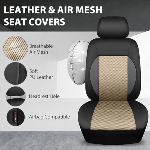Image of CAR PASS Leather Seat Covers Breathable Air Mesh Car Seat Cover Full Set Super 5mm Sponge Inside, Airbag Compatible, Universal Automotive Interior Cover Fit for Car SUV Truck Van Black Beige