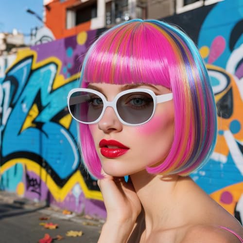 Image of ANOGOL Hair Cap + (Sunglasses) Rainbow Wig Blue Pink Bob Wig with Bangs Womens Party Wigs with Sunglasses Short Neon Wig Daily Party Fun Wigs Women Halloween Costume Pride Day Bachelorette Hair